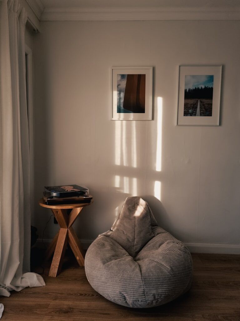 a bean bag chair in a corner of a room