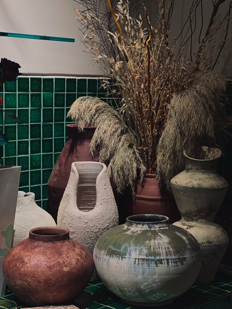 Assortment of decorative vases and dried plants