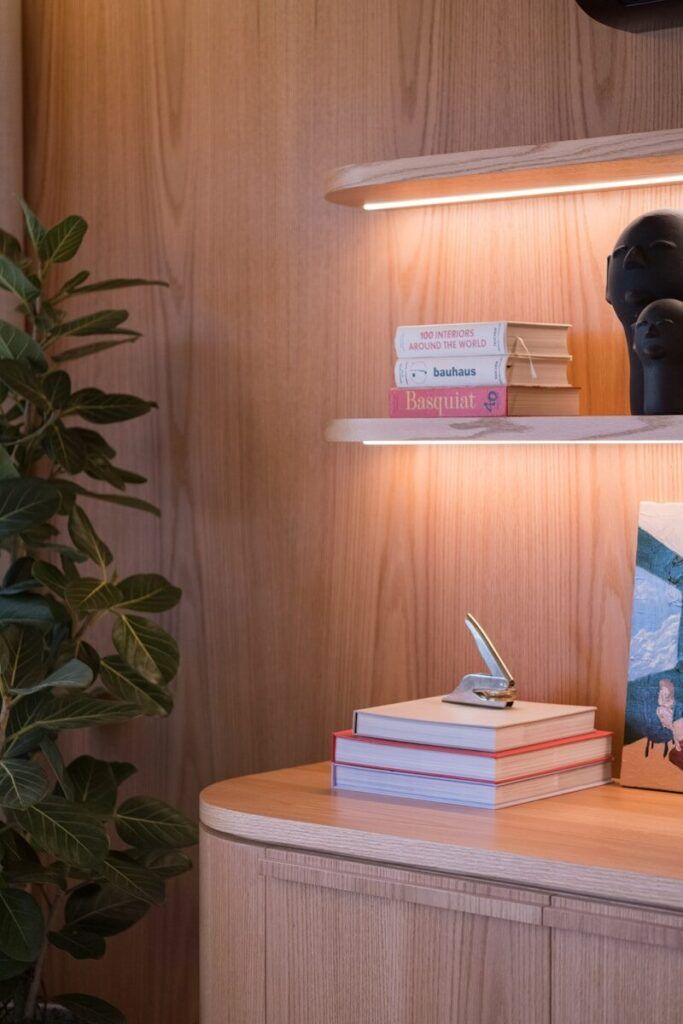 Wooden shelves with books and decorative heads.