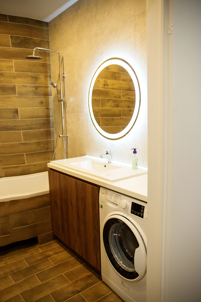 warm wood tones in a small bathroom