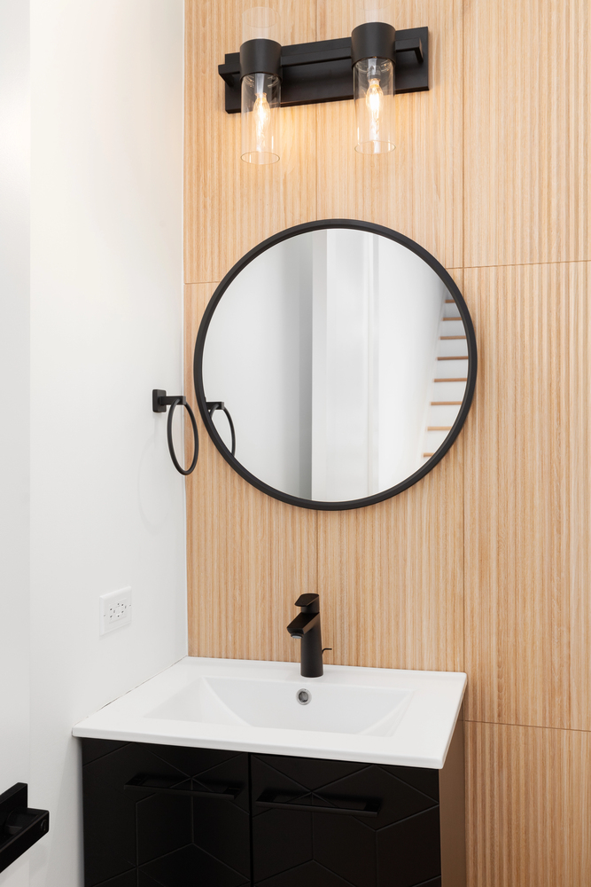 vertical wood panels in a small bathroom