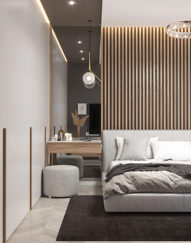 Vertical Wood Slat Accent Walls in a Master Bedroom