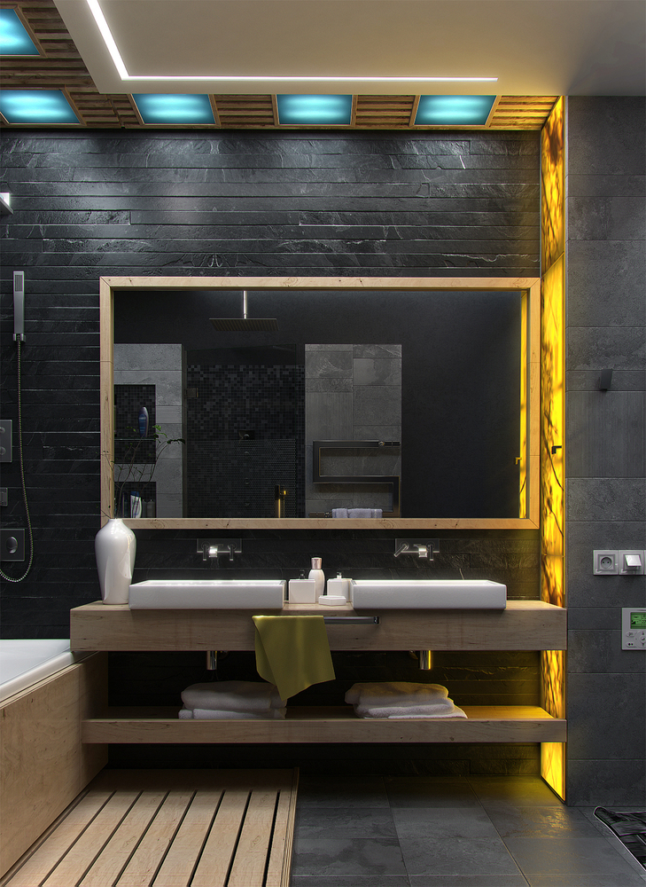 dark stone walls in a luxurious bathroom