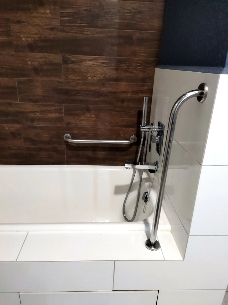 bathroom with simulated wood tile