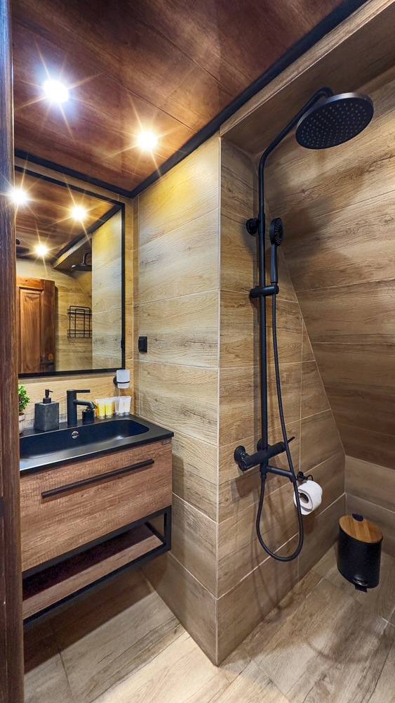 floor-to-ceiling wood tile in a bathroom