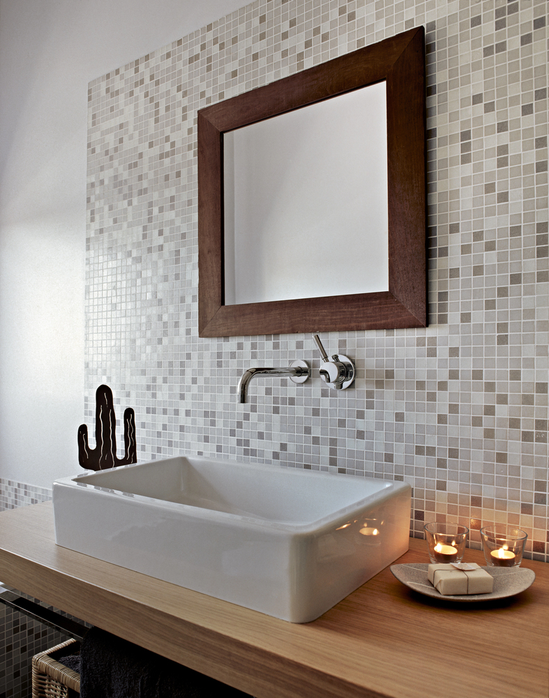 mosaic tile wall in an upscale bathroom