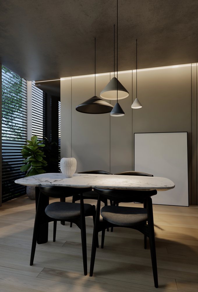 minimalist paneled wall in a dining room