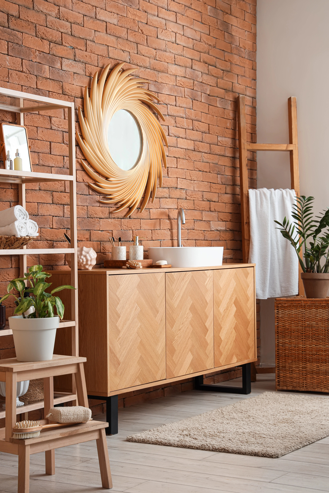 Warm Brick Bathroom with Natural Wood Finishes