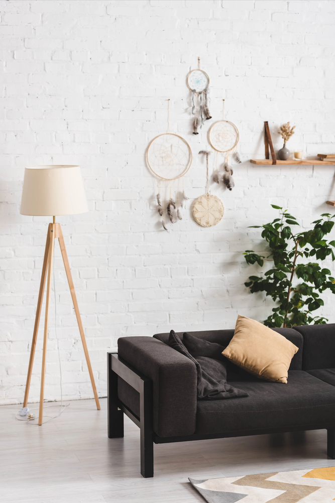 white brick in a boho living room