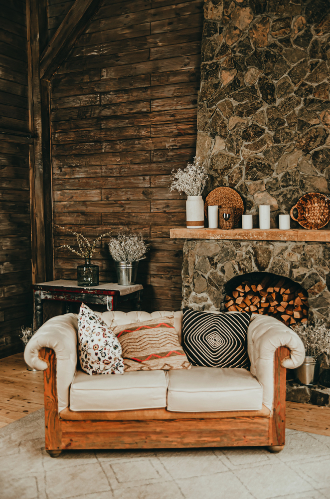 Cozy Stone Hearth in a Rustic Living Room