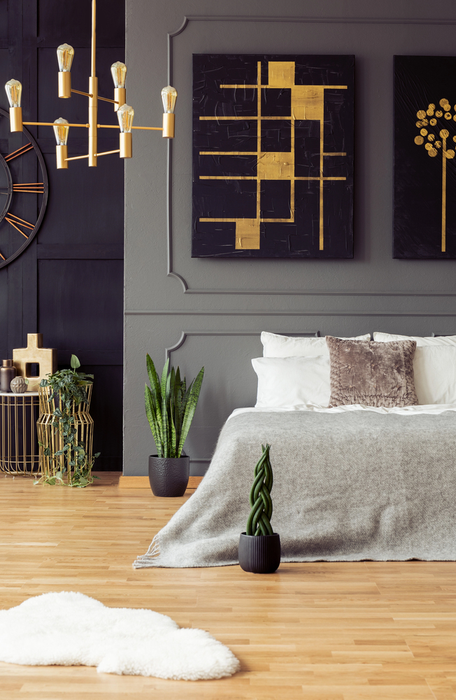 glam black bedroom with gold accents