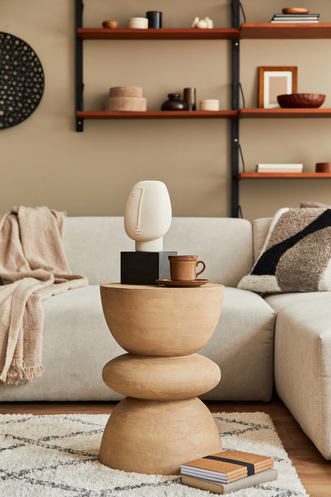 warm shelving with earth-toned accents