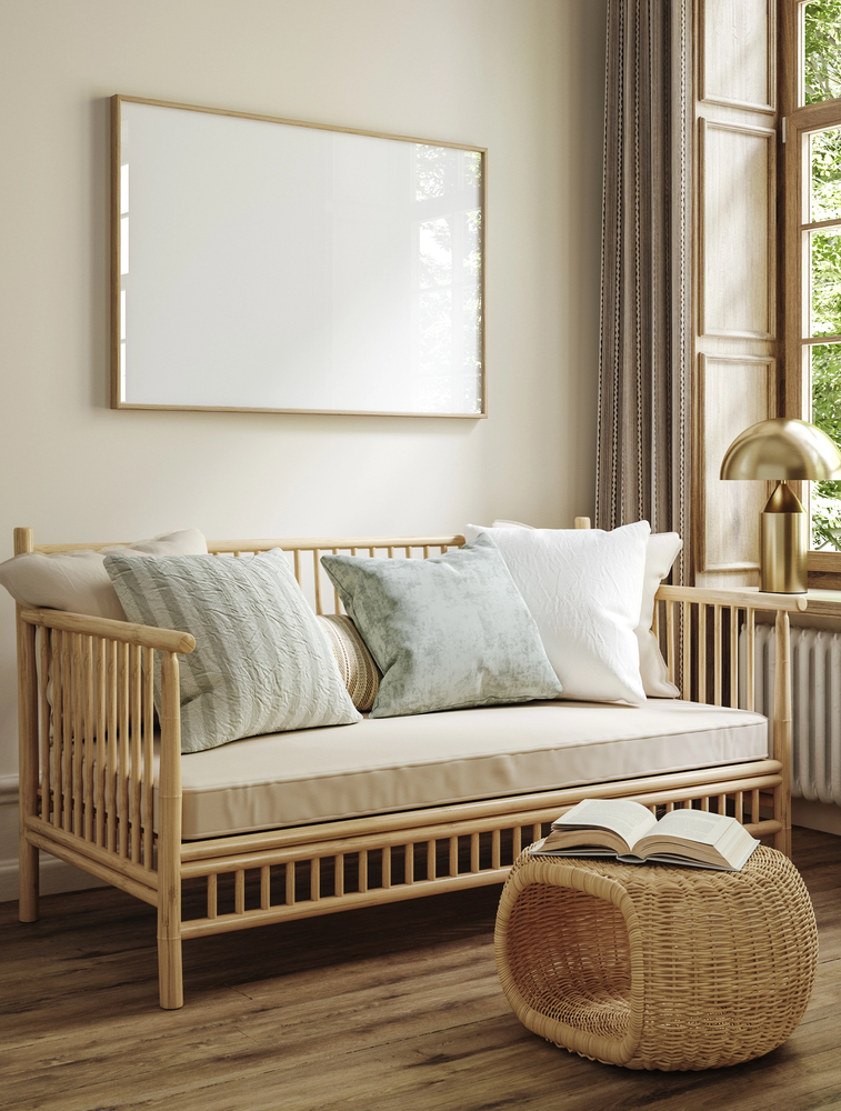 Natural Wood Seating in a Coastal Living Room
