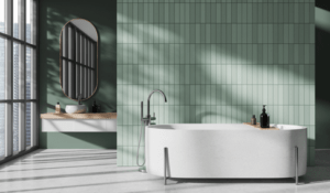 green tile wall in a contemporary bathroom