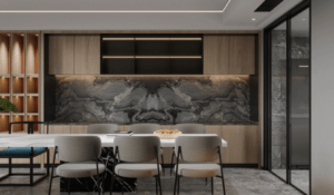 marble accent wall in dining room