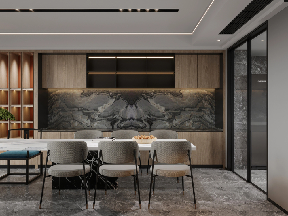 dining room with marble accent wall
