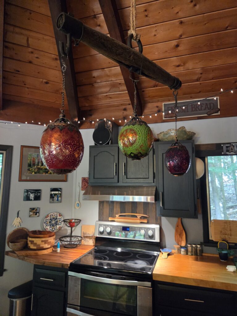 colorful pendant bulbs in a rustic home setting