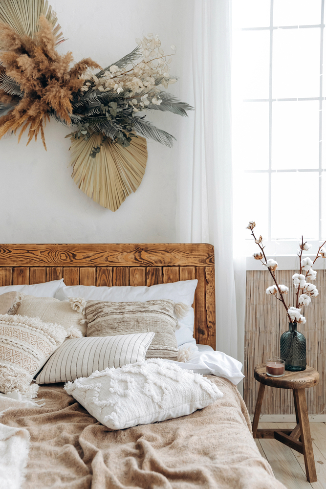 Natural Wood Headboard in a Rustic Bedroom