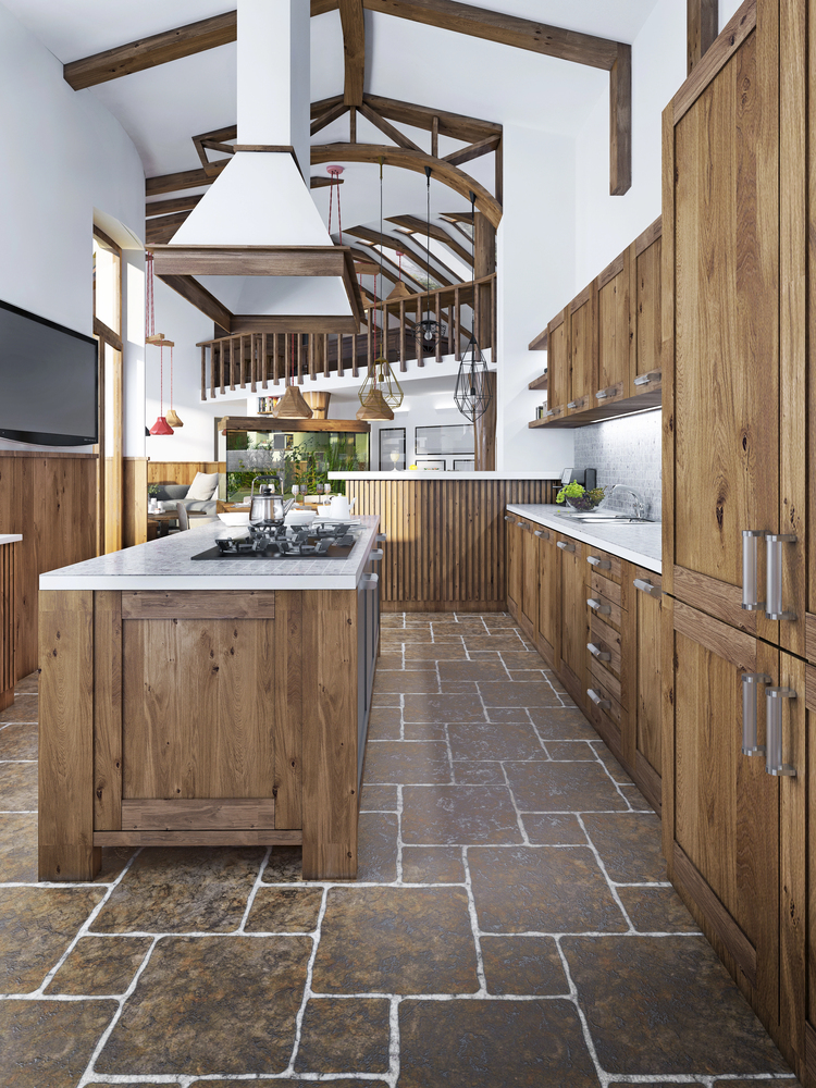 Rustic Kitchen Island With Exposed Wood Beams
