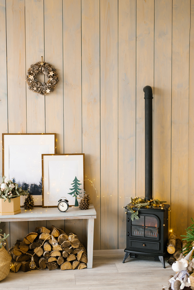 Rustic Home with Light Wood Paneling With a Cozy Stove