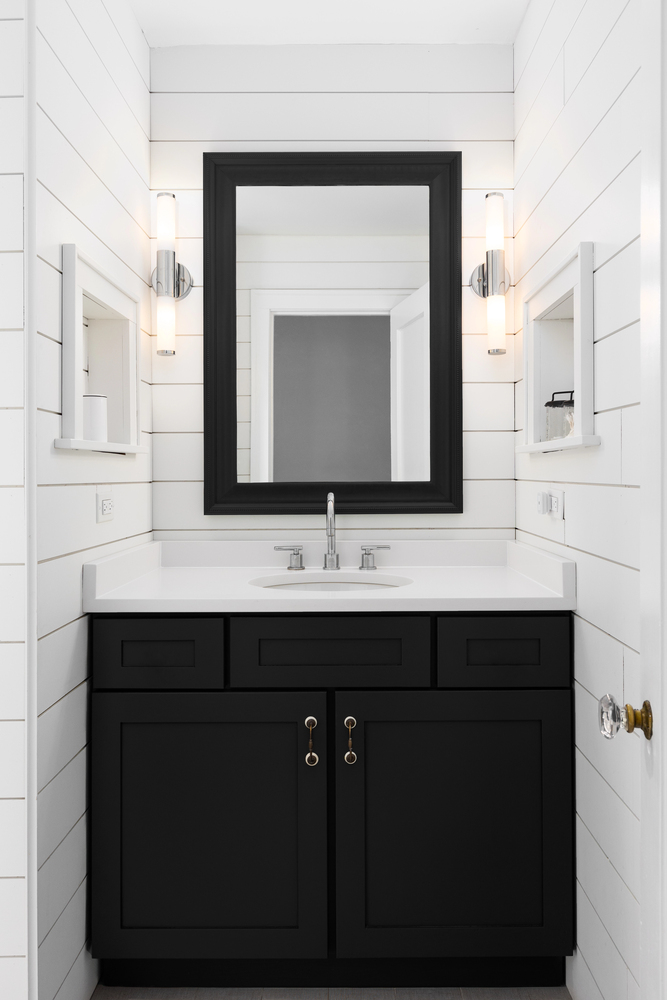White Shiplap Accent Wall in a Bathroom Vanity