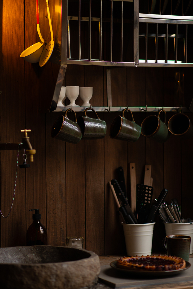 Dark Rustic Kitchen With Wood-Paneled Walls