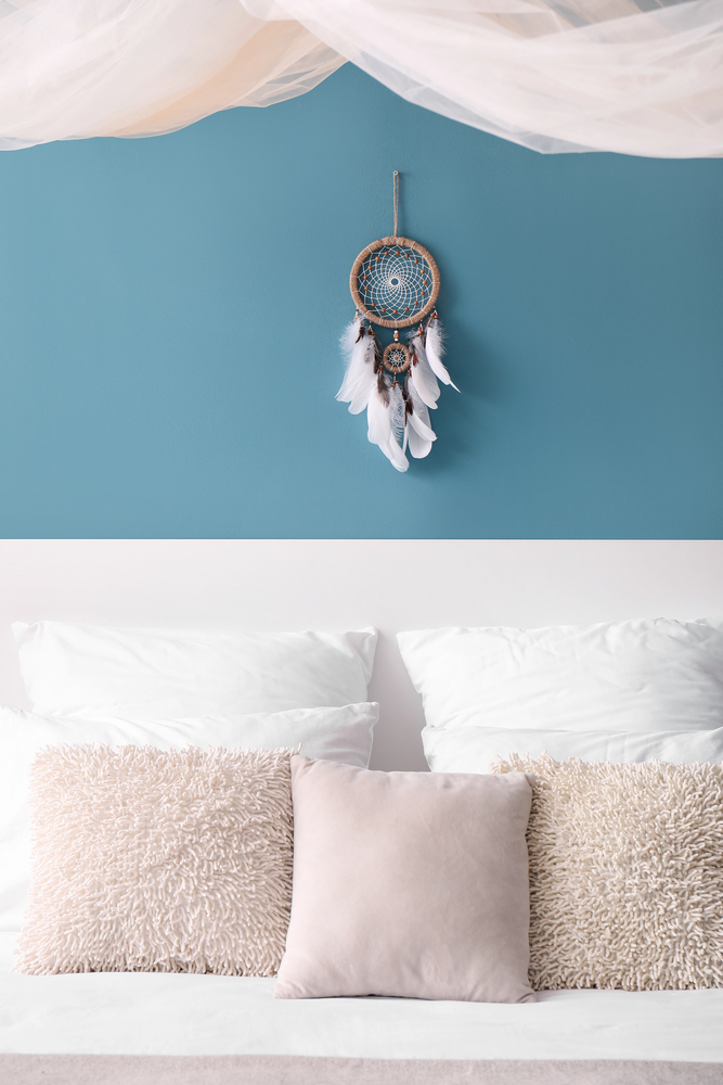 Light Blue Accent Wall with Boho Style