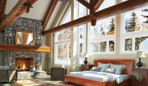 Rustic Bedroom with wooden beams and large windows