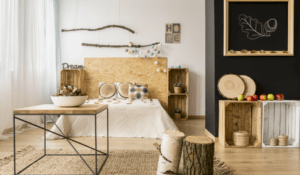 rustic bedroom with natural material furniture