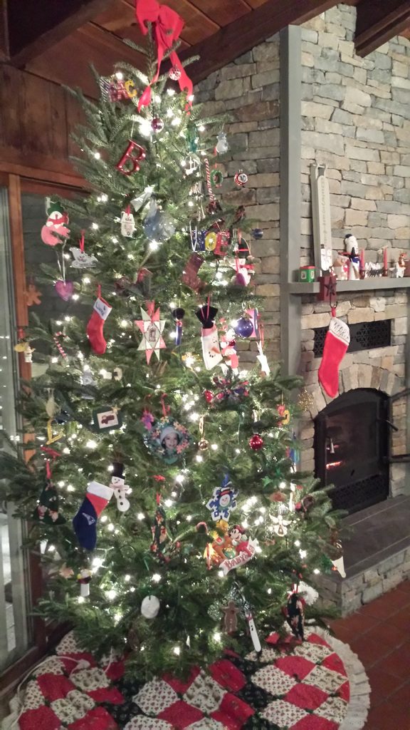 Rustic Christmas Tree Beside a Stone Fireplace