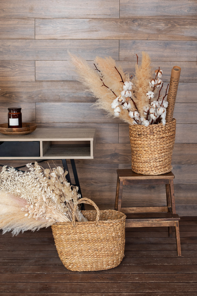 Woven Baskets and Dried Florals in a Rustic Home Office