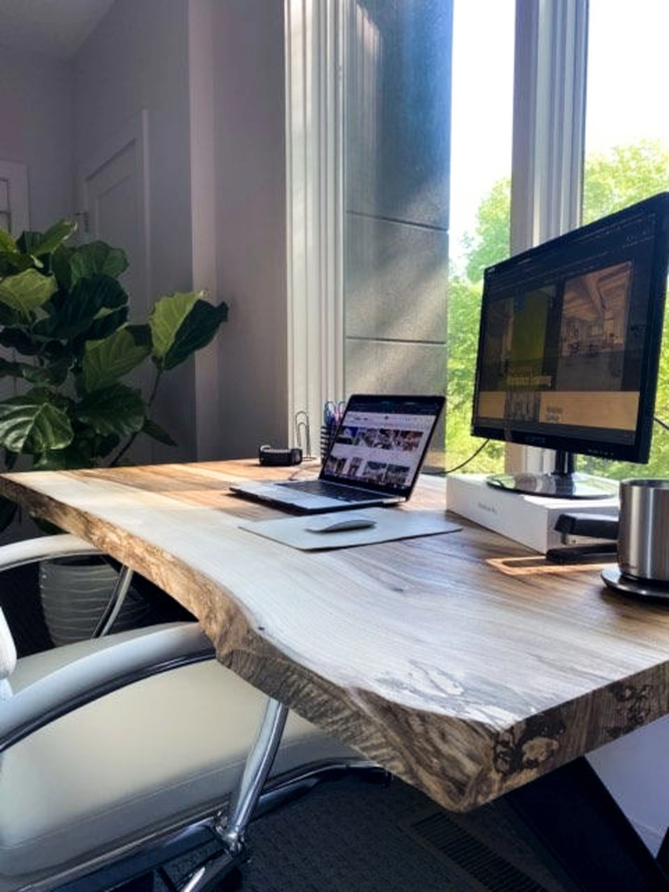 Live-Edge Desk Beside a Bright Window in a Rustic Home Office